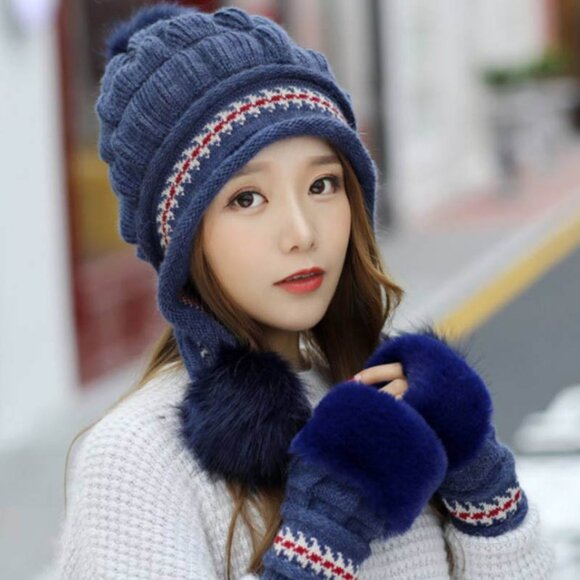 Women's Girls Winter Cozy Earflap Knitted Pom Pom Ski Cap Hat Beanie Mitten Set - Picture 1 of 2